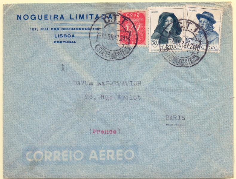 2191.jpg -     Lote:    2191      Lotes pelo Correio      Portugal        Descrição:         1943/47 &mdash; Caravela + Costumes portugueses * 2.ª emissão. Sobrescrito circulado de Lisboa (07.04.47) para Paris, com selos de 2$50 CE627, 1$75 e 3$50 CE682 e 684.        Carta       Valor Base:     &euro; 6,00     Valor Venda:     &euro; 6,00     