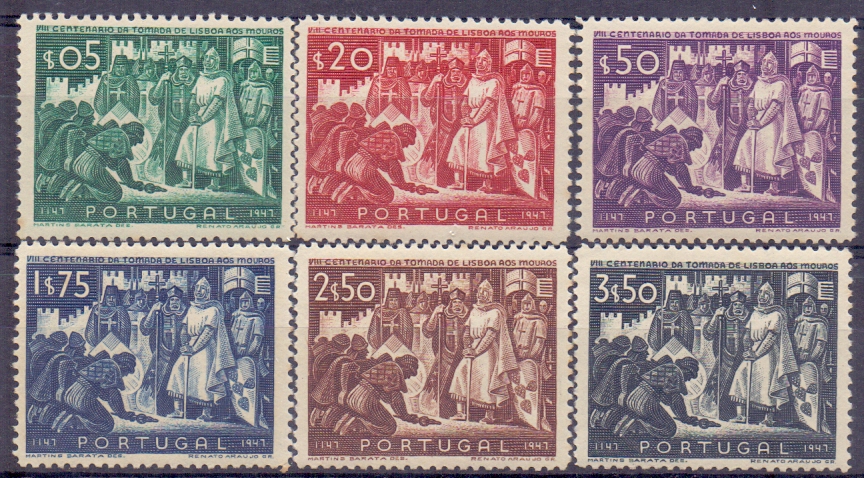 2193.jpg -     Lote:    2193      Lotes pelo Correio      Portugal        Descrição:         1947 &mdash; 8.º Centenário da Tomada de lisboa aos Mouros. CE685/90. Série completa. Valor de catálogo &euro; 77,00.        ***       Valor Base:     &euro; 8,00     Valor Venda:     Retirado     