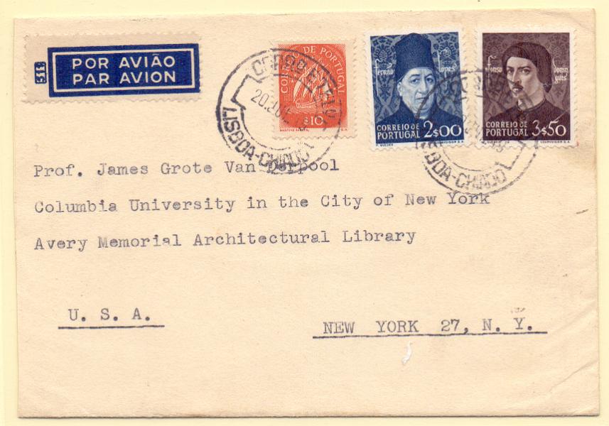 2197.jpg -     Lote:    2197      Lotes pelo Correio      Portugal        Descrição:         1943/46 &mdash; Caravela + Dinastia Avis. Sobrescrito circulado de Lisboa (20.07.48) para os EUA com selo de $10 CE617, 2$00 e 3$50 CE711/712.        Carta       Valor Base:     &euro; 8,00     Valor Venda:     Retirado     