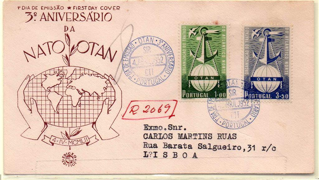 2201.jpg -     Lote:    2201      Lotes pelo Correio      Portugal        Descrição:         1953 &mdash; 3.º Aniversário da OTAN. CE749/750. FDC registado com série completa. Carimbo do SIR. Valor de catálogo &euro; 86,50.        FDC       Valor Base:     &euro; 12,00     Valor Venda:     &euro; 12,00     