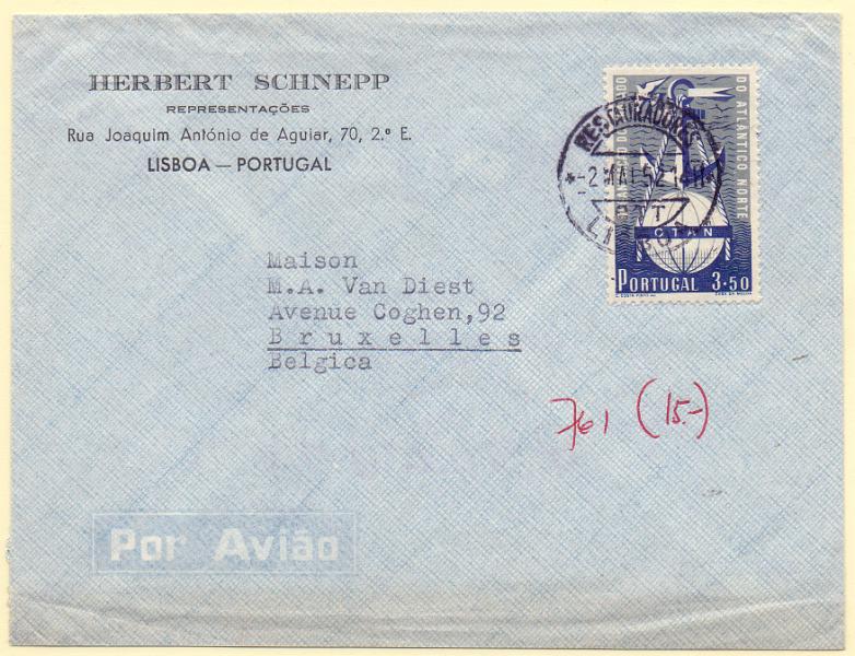 2203.jpg -     Lote:    2203      Lotes pelo Correio      Portugal        Descrição:         1952 &mdash; 3.º Aniversário da OTAN. CE750, 3$50 em sobrescrito circulado de Lisboa (02.05.52) para Bruxelas. MB.        Carta       Valor Base:     &euro; 8,00     Valor Venda:     Retirado     