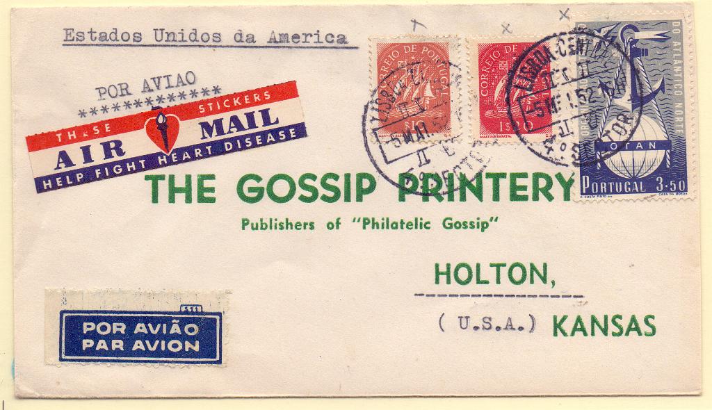 2204.jpg -     Lote:    2204      Lotes pelo Correio      Portugal        Descrição:         1943/52 &mdash; Caravela + 3.º Aniversário da OTAN. Sobrescrito circulado de Lisboa (05.05.52) para o Kansas, com selos de $10 e 1$20 CE618 e 698 + 3$50 CE750.        Carta       Valor Base:     &euro; 8,00     Valor Venda:     &euro; 8,00     