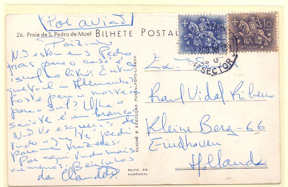 2208.jpg -     Lote:    2208      Lotes pelo Correio      Portugal        Descrição:         1953 &mdash; Cavaleiro Medieval. Postal ilustrado circulado por via aérea de Lisboa (12.08.58) para a Holanda, com selos de 10c e 2$30 CE764 e 772.        PI       Valor Base:     &euro; 8,00     Valor Venda:     &euro; 15,00     