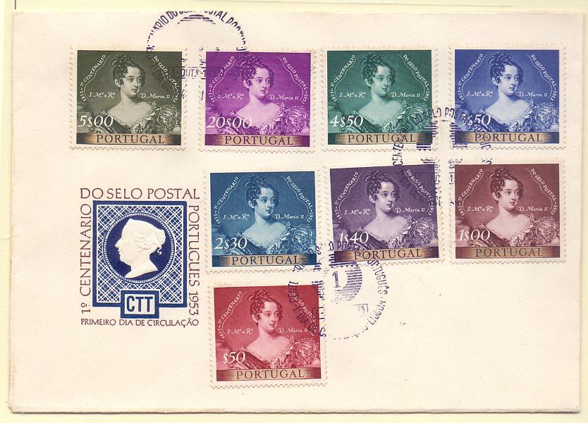 2212.jpg -     Lote:    2212      Lotes pelo Correio      Portugal        Descrição:         1953 &mdash; Centenário do Selo Postal Português. CE786/793. Série completa em FDC, com maraca comemorativa de Lisboa. Valor de catálogo &euro; 167,00.        FDC       Valor Base:     &euro; 15,00     Valor Venda:     &euro; 15,00     