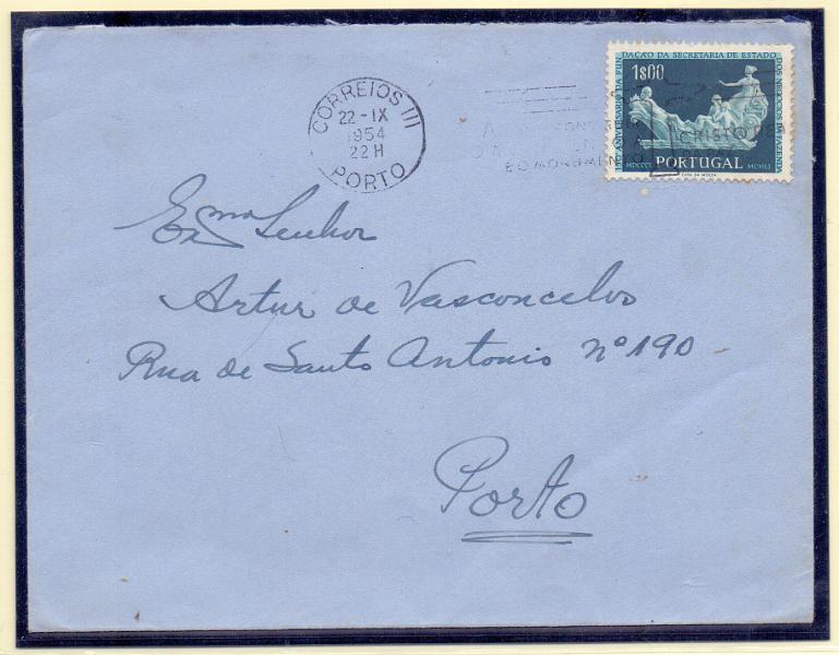 2216.jpg -     Lote:    2216      Lotes pelo Correio      Portugal        Descrição:         1954 &mdash; 150.º Aniversário da fundação da Secretaria de Estado da Fazenda. CE795, 1$00. Sobrescrito circulado no Porto (22.09.54).         Carta       Valor Base:     &euro; 5,00     Valor Venda:     Retirado     