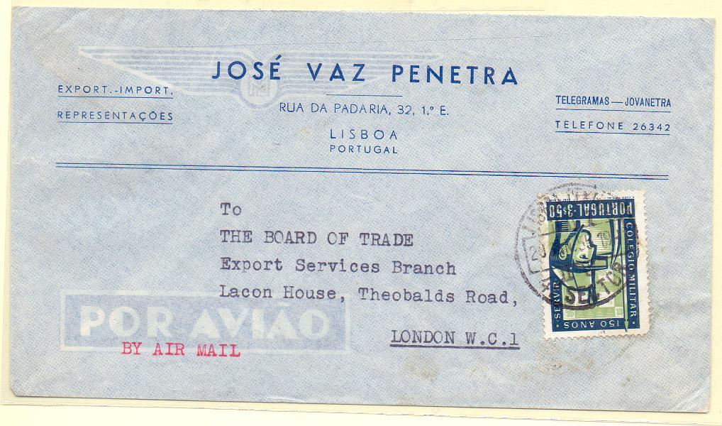 2217.jpg -     Lote:    2217      Lotes pelo Correio      Portugal        Descrição:         1950 &mdash; 150.º Aniversário do Colégio Militar. CE801, 3$50 em sobrescrito circulado de lisboa (20.01.55) para Londres.        Carta       Valor Base:     &euro; 5,00     Valor Venda:     Retirado     