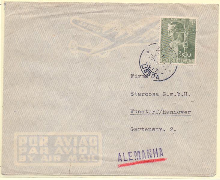 2218.jpg -     Lote:    2218      Lotes pelo Correio      Portugal        Descrição:         1954 &mdash; 4.º Centenário da Cidade de S. Paulo. CE804, 3$50 em sobrescrito circulado de Lisboa (03.09.55) para a Alemanha.        Carta       Valor Base:     &euro; 5,00     Valor Venda:     Retirado     