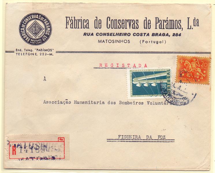 2219.jpg -     Lote:    2219      Lotes pelo Correio      Portugal        Descrição:         1955 &mdash; 1.º Centenário do Telégrafo + Cavaleiro Medieval. Sobrescrito circulado registado com selos de 2$30 CE816 e $20. MB.        Carta       Valor Base:     &euro; 5,00     Valor Venda:     Retirado     