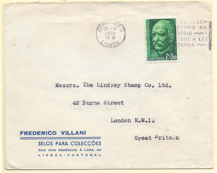 2221.jpg -     Lote:    2221      Lotes pelo Correio      Portugal        Descrição:         1956 &mdash; Centenário do nascimento de Ferreira da Silva. CE820, 2$30 em carta publicitária do comerciante filatélico Frederico Villani, circulado de Lisboa (15.05.56) para a Grã Bretanha.        Carta       Valor Base:     &euro; 5,00     Valor Venda:     Retirado     