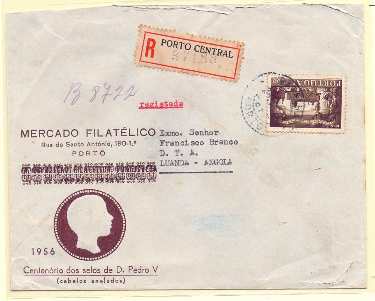 2223.jpg -     Lote:    2223      Lotes pelo Correio      Portugal        Descrição:         1956 &mdash; Centenário dos Caminhos de Ferro Portugueses. CE824, 2$50 em sobrescrito timbrado do Mercado Filatélico, circulado registado do Porto Luanda (20.12.56).        Carta       Valor Base:     &euro; 5,00     Valor Venda:     &euro; 5,00     