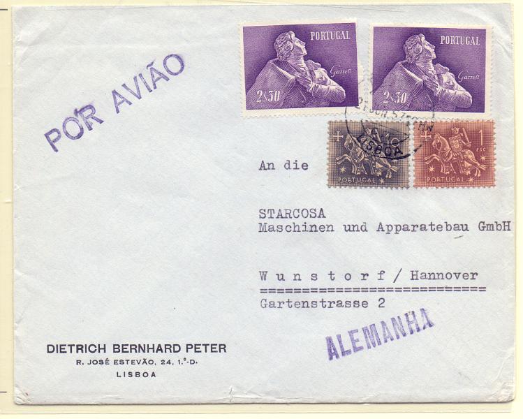 2226.jpg -     Lote:    2226      Lotes pelo Correio      Portugal        Descrição:         1957 &mdash; Almeida Garrett. + Cavaleiro Medieval. Sobrescrito circulado de Lisboa (27.06.57) para a Alemanha com 2 selos de 2$30 CE829 + selos de 10c e 1E. + Sobrescrito para a Islândia com selo de 3$50.        Carta       Valor Base:     &euro; 5,00     Valor Venda:     &euro; 5,00     