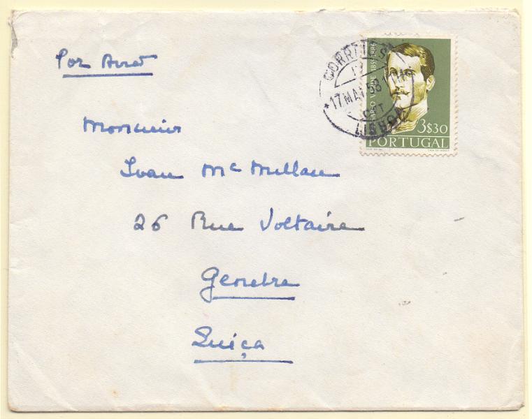 2227.jpg -     Lote:    2227      Lotes pelo Correio      Portugal        Descrição:         1957 &mdash; Cesário Verde. CE832, 3$30 em sobrescrito circulado de Lisboa (17.05.58) para a Suiça.        Carta       Valor Base:     &euro; 5,00     Valor Venda:     Retirado     