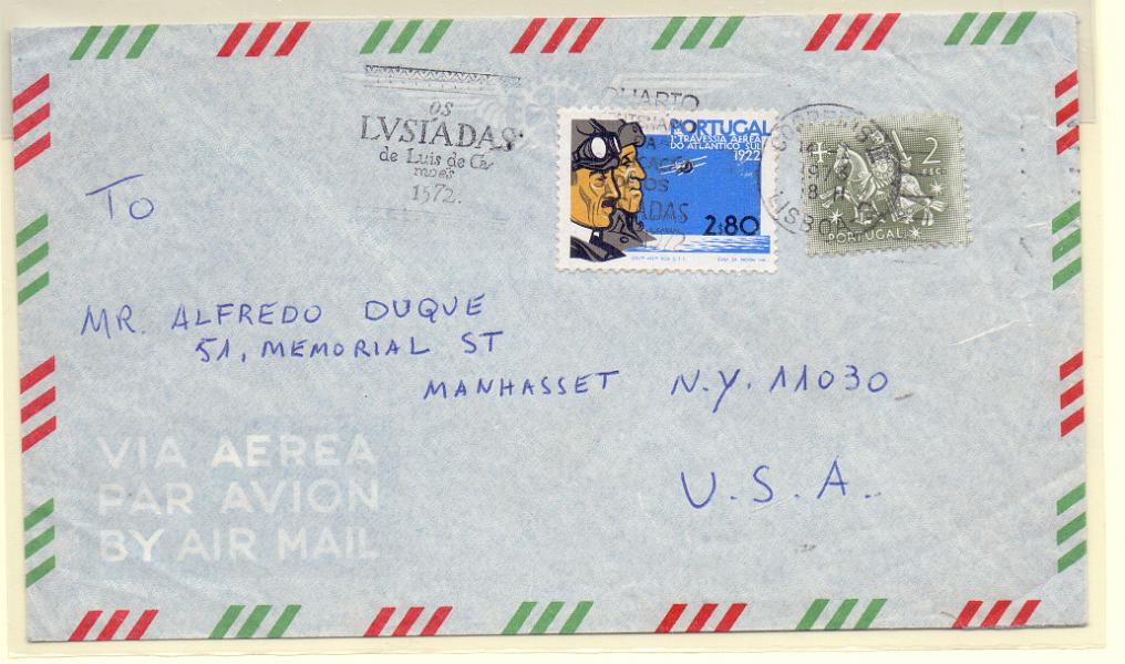 2240.jpg -     Lote:    2240      Lotes pelo Correio      Portugal        Descrição:         1972 &mdash; Cinquentenário da Travessia Aérea de Lisboa &mdash; Rio de Janeiro. CE1173 em sobrescrito circulado de Lisboa (14.7.1973) para os EUA.        Carta       Valor Base:     &euro; 5,00     Valor Venda:     Retirado     