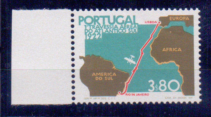 2241.jpg -     Lote:    2241      Lotes pelo Correio      Portugal        Descrição:         1972 &mdash; Cinquentenário da 1.ª Travessia Aérea Lisboa- Rio de Janeiro. CE1174, 3$80, denteado 13 &frac12;. Valor de catálogo &euro; 240,00         ***       Valor Base:     &euro; 50,00     Valor Venda:     &euro; 50,00     