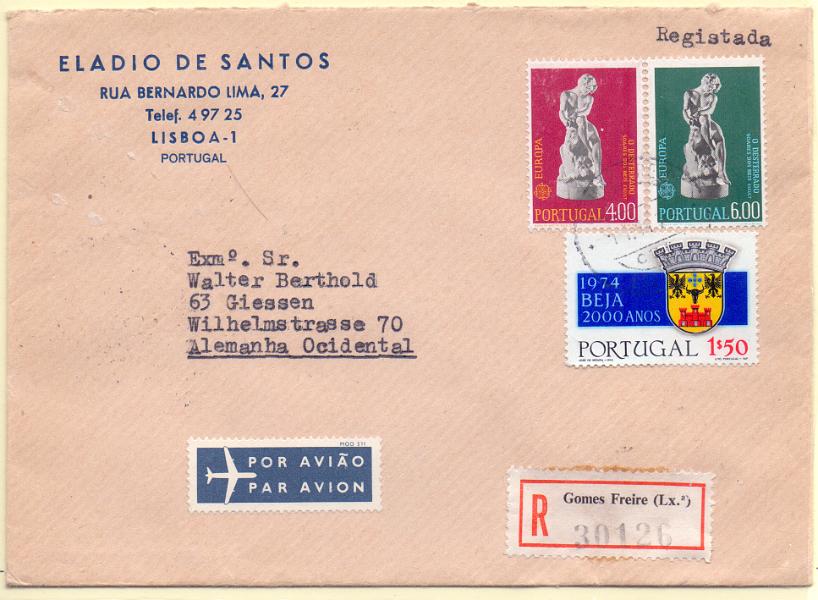 2245.jpg -     Lote:    2245      Lotes pelo Correio      Portugal        Descrição:         1974 &mdash; Europa. Sobrescrito circulado registado de Lisboa (11.11.75) para a Alemanha com selos de 4$00 e 6$00 CE1210/1211.        Carta       Valor Base:     &euro; 5,00     Valor Venda:     Retirado     