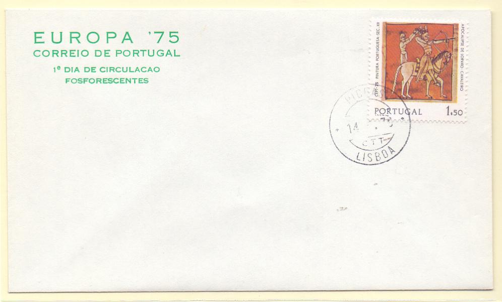 2248.jpg -     Lote:    2248      Lotes pelo Correio      Portugal        Descrição:         1975 &mdash; Europa CEPT &mdash; Pintura. FDC com selo de 1$50 CE1251 com tarja fosforescente em sobrescrito alusivo ao 1.º dia de circulação.        FDC       Valor Base:     &euro; 15,00     Valor Venda:     Retirado     