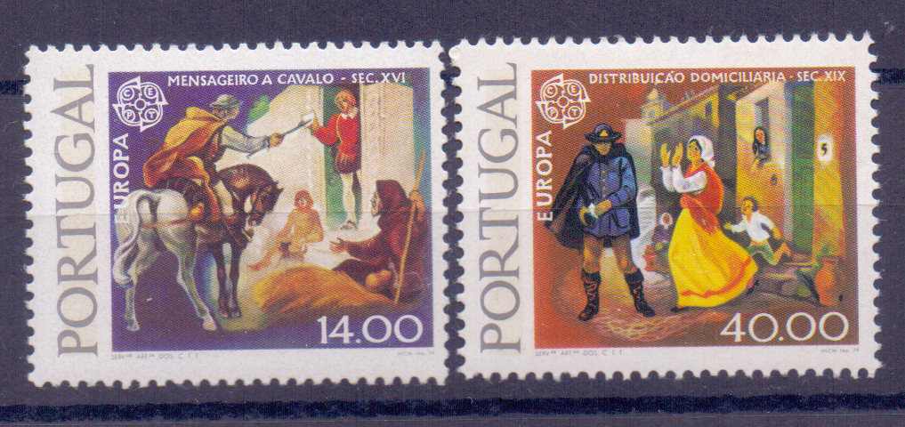 2258.jpg -     Lote:    2258      Lotes pelo Correio      Portugal        Descrição:         1979 &mdash; Europa CEPT &mdash; História do Correio. CE1423/24. Série completa, com tarja fosforescente. Valor de catálogo &euro; 41,10.        ***       Valor Base:     &euro; 5,00     Valor Venda:     &euro; 10,00     