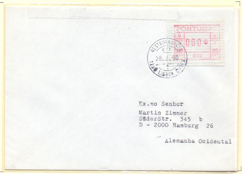 2265.jpg -     Lote:    2265      Lotes pelo Correio      Portugal        Descrição:         1981 &mdash; Correios e Telecomunicações de Portugal * FRAMA. CE ETQ1. Sobrescrito circulado de Lisboa (28.02.90) para a Alemanha, com etiqueta de 60$00 (máquina 010).        Carta       Valor Base:     &euro; 6,00     Valor Venda:     Retirado     