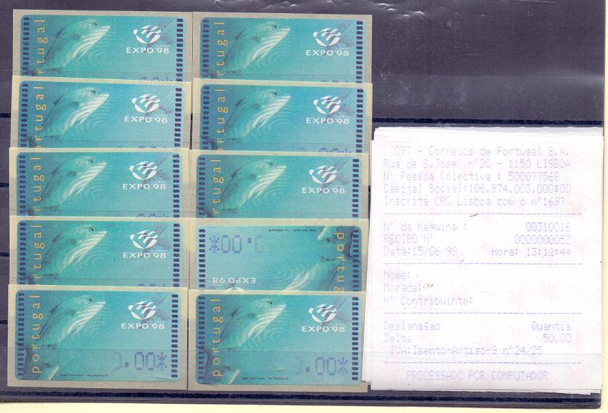 2266.jpg -     Lote:    2266      Lotes pelo Correio      Portugal        Descrição:         1998 &mdash; Expo 98. Máquina AMIEL. CE ETQ16A. Lote com 10 etiquetas com valor 0$00, por erro com recibos pelo valor real.        ETQ       Valor Base:     &euro; 12,00     Valor Venda:     Retirado     