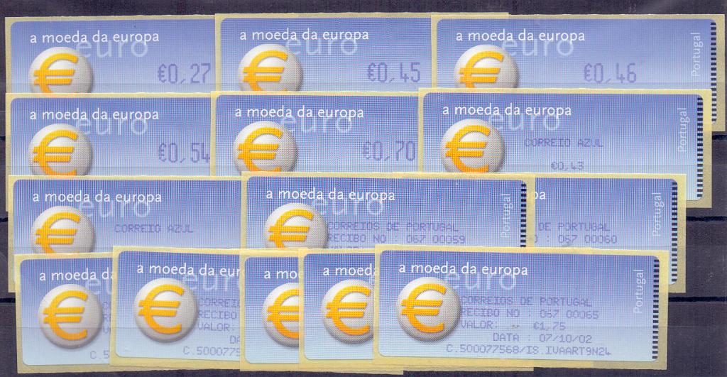 2269.jpg -     Lote:    2269      Lotes pelo Correio      Portugal        Descrição:         2002 &mdash; Símbolo do Euro. Máquina CROUZET. CE ETQ24. Série completa do correio ordinário e do correio azul, com impressão a violeta. Taxas de &euro;0,27, 0,45, 0.46, 0,54, 0,70 e C. Azul &euro; 0,45 e 1,75. Acompanha 7 etiquetas recibo.        ETQ       Valor Base:     &euro; 12,00     Valor Venda:     &euro; 12,00     