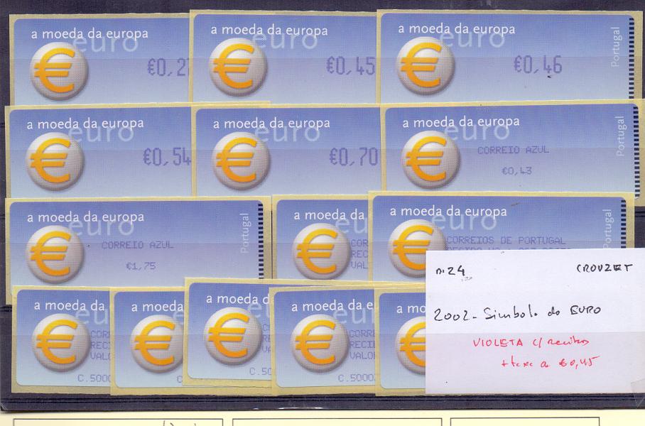 2270.jpg -     Lote:    2270      Lotes pelo Correio      Portugal        Descrição:         2002 &mdash; Símbolo do Euro. Máquina CROUZET. CE ETQ24. Série completa do correio ordinário e do correio azul, com impressão a violeta. Ano de 2002 + etiqueta com &euro; 0,45. Acompanha 7 etiquetas recibo.        ETQ       Valor Base:     &euro; 12,00     Valor Venda:     &euro; 12,00     