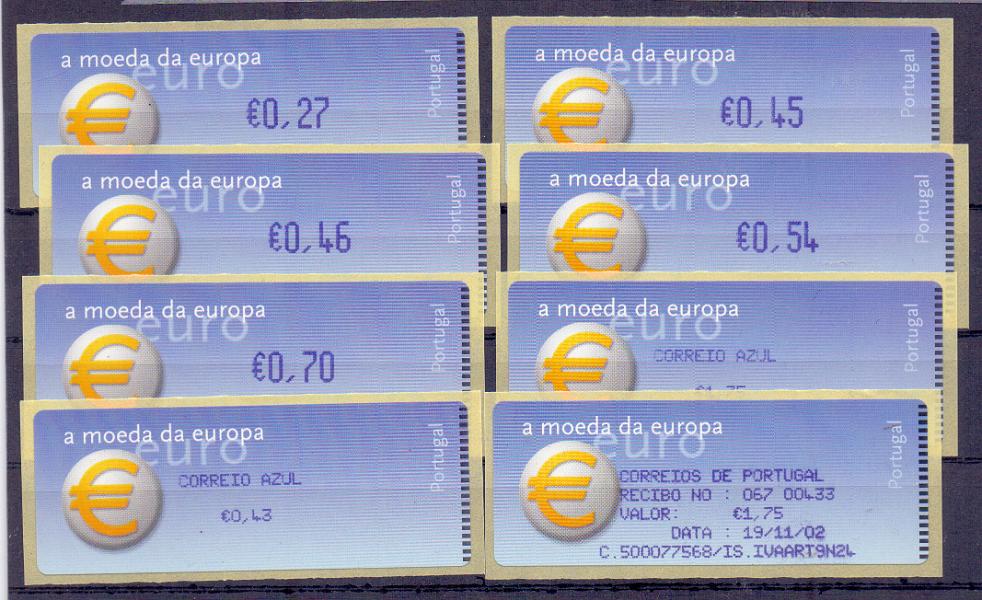 2271.jpg -     Lote:    2271      Lotes pelo Correio      Portugal        Descrição:         2002 &mdash; Símbolo do Euro. Máquina CROUZET. CE ETQ24. Série completa do correio ordinário e do correio azul, com impressão a violeta. Ano de 2002 + etiqueta com &euro; 0,45. Acompanha 1 etiqueta recibo.        ETQ       Valor Base:     &euro; 12,00     Valor Venda:     &euro; 12,00     