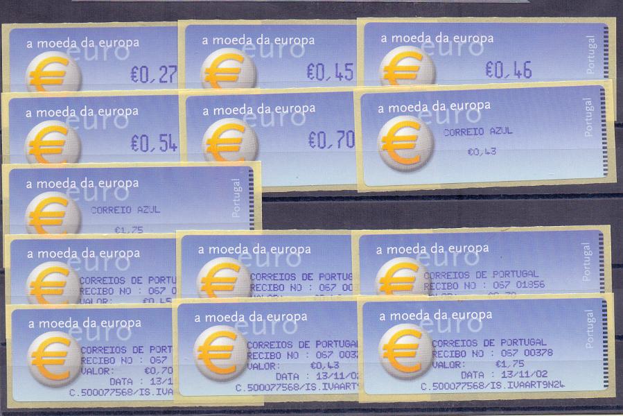 2272.jpg -     Lote:    2272      Lotes pelo Correio      Portugal        Descrição:         2002 &mdash; Símbolo do Euro. Máquina CROUZET. CE ETQ24. Série completa do correio ordinário e do correio azul, com impressão a violeta. Ano de 2002 + etiqueta com &euro; 0,45. Acompanha 6 etiquetas recibo.        ETQ       Valor Base:     &euro; 12,00     Valor Venda:     &euro; 12,00     