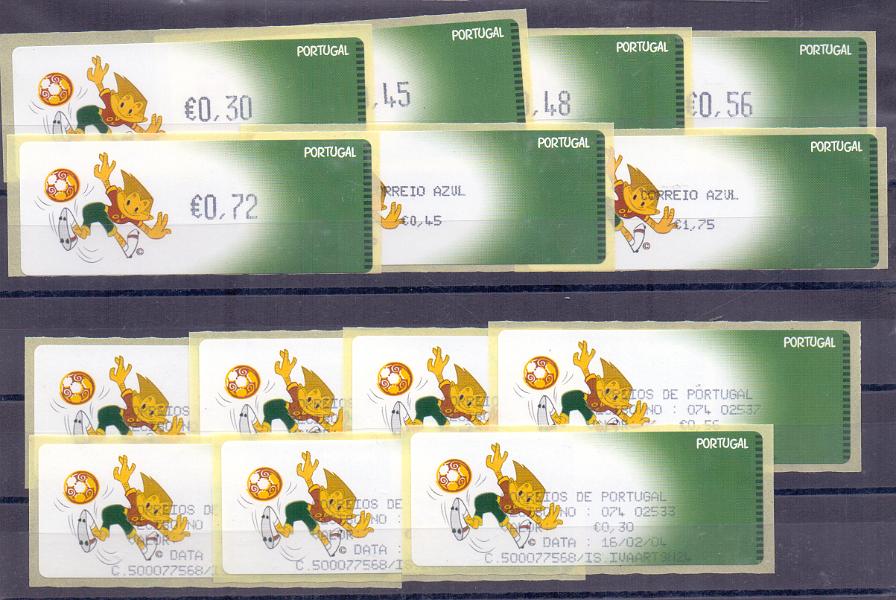 2274.jpg -     Lote:    2274      Lotes pelo Correio      Portugal        Descrição:         2004 &mdash; UEFA "Euro 2004". Máquina CROUZET. CE ETQ28. Impressão a preto. Série completa para o correio ordinário e correio azul. Valores para o ano de 2004 + etiqueta de 0,45. Acompanha sete recibos.         ETQ       Valor Base:     &euro; 6,00     Valor Venda:     Retirado     
