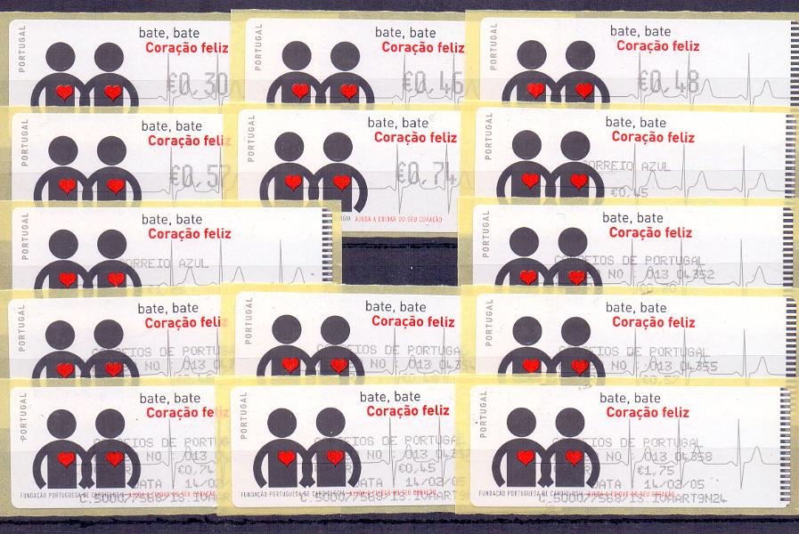 2276.jpg -     Lote:    2276      Lotes pelo Correio      Portugal        Descrição:         2005 &mdash; Fundação Portuguesa de Cardiologia. Máquina CROUZET. CE ETQ 32. Série completa para o correio ordinário e correio azul, com impressão a preto. Acompanha respetivos recibos. Valor de catálogo &euro; 21.50.        ETQ       Valor Base:     &euro; 6,00     Valor Venda:     Retirado     