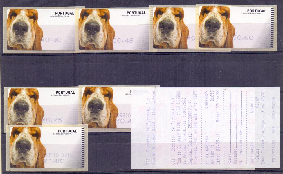2283.jpg -     Lote:    2283      Lotes pelo Correio      Portugal        Descrição:         2005 &mdash; Animais Domésticos. Cão. Maquina SMA. CE ETQ33A. Impressão a violeta. Série completa do correio ordinário e correio azul para o ano de 2006. Valor de catálogo &euro; 30,00.        ETQ       Valor Base:     &euro; 6,00     Valor Venda:     Retirado     