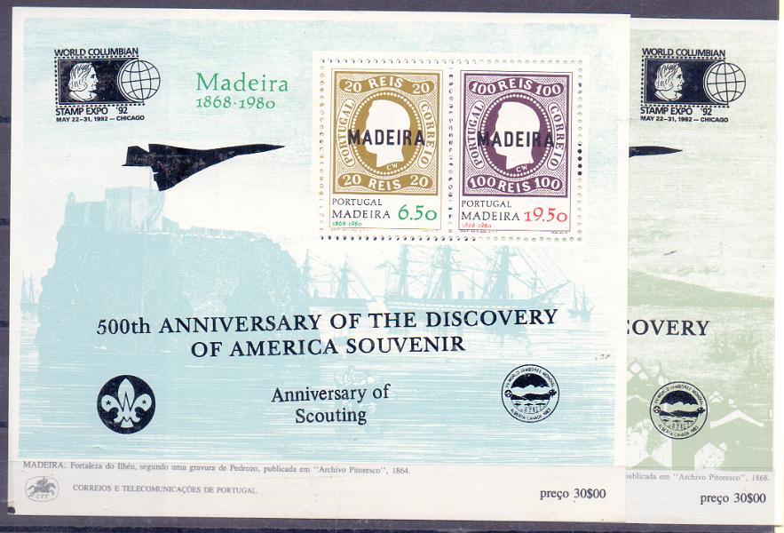 2297.jpg -     Lote:    2297      Lotes pelo Correio      Portugal        Descrição:         1980 &mdash; Primeira emissão Madeira e Açores. CE BLC 29/30. Blocos com sobrecarga da STAMP EXPO'92..        BLC***       Valor Base:     &euro; 6,00     Valor Venda:     &euro; 6,00     