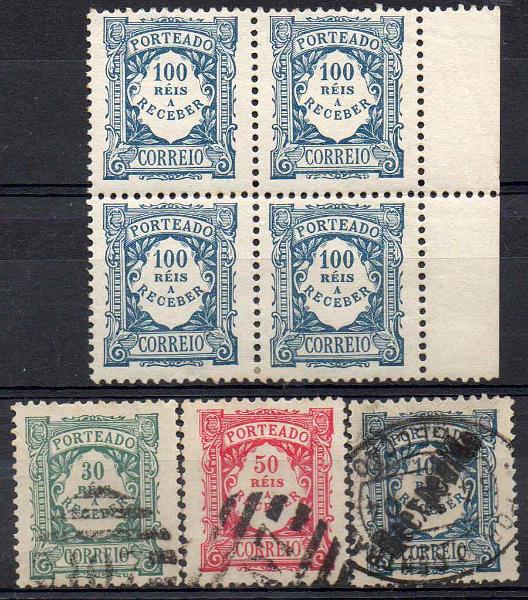2315.jpg -     Lote:    2315      Lotes pelo Correio      Portugal        Descrição:         1904 &mdash; Porteado. Emissão regular. Valor em reis. Lote composto por quadra nova de 100 reis (um selo com transparência), CE POR13 + selos usados de 30, 50 e 100 reis CE POR 10, 12 e 13.        ***/O       Valor Base:     &euro; 10,00     Valor Venda:     &euro; 10,00     