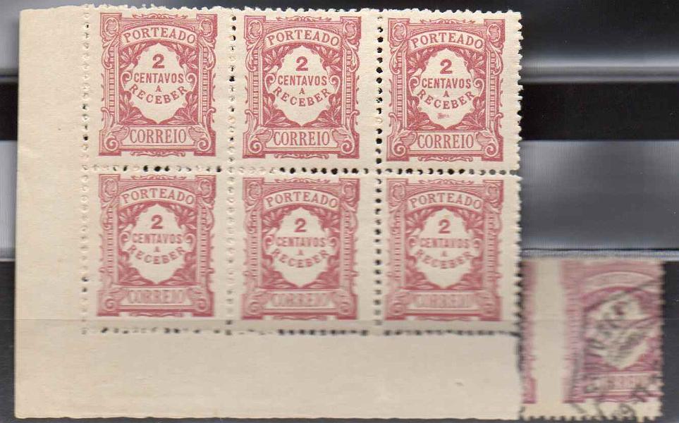 2316.jpg -     Lote:    2316      Lotes pelo Correio      Portugal        Descrição:         1915 &mdash; Porteado. Emissão regular. Valor em centavos. CE POR23, 2C lilás-vermelho. Lote composto por bloco de 6 selos canto de folha, papel liso acetinado espesso + selo com acentuada deslocação do denteado.        ***/O       Valor Base:     &euro; 5,00     Valor Venda:     Retirado     