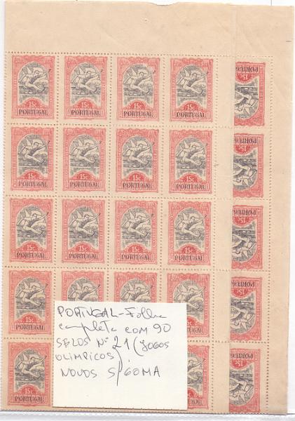 2318.jpg -     Lote:    2318      Lotes pelo Correio      Portugal        Descrição:         1928 &mdash; Imposto Postal. Jogos Olímpicos. CE IP21, 15c rosa e preto. Folha completa com 90 selos. Valor de catálogo &euro; 900,00.        *       Valor Base:     &euro; 30,00     Valor Venda:     Retirado     