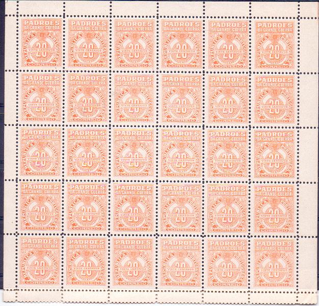 2319.jpg -     Lote:    2319      Lotes pelo Correio      Portugal        Descrição:         1925 &mdash; Porteado do imposto postal. Padrões da Grande Guerra. CE IP POR1, 20C laranja. Folha completa com 30 selos. Valor de catálogo &euro; 36,00        ***       Valor Base:     &euro; 5,00     Valor Venda:     Retirado     