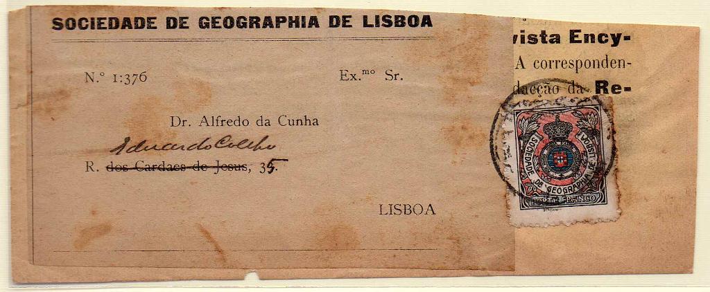 2322.jpg -     Lote:    2322      Lotes pelo Correio      Portugal        Descrição:         1903 &mdash; Porte Franco. Sociedade de Geografia de Lisboa. CE SGL1 em capa de boletim da Sociedade circulado em Lisboa.        FRG       Valor Base:     &euro; 10,00     Valor Venda:     &euro; 10,00     