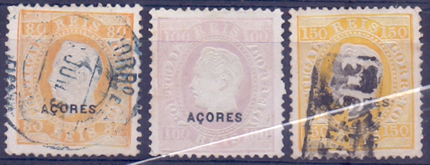 2325.jpg -     Lote:    2325      Lotes pelo Correio      Açores       Descrição:         1882/84 &mdash; D. Luís I. Fita direita. Selos do Continente com sobrecarga pequena AÇORES. CE41, 42 e 44. Selos de 80 reis e 100 reis em denteado 12 &frac12; e 150 reis em 13 &frac12;. Valor de catálogo &euro; 395,00.        */O       Valor Base:     &euro; 35,00     Valor Venda:     Retirado     
