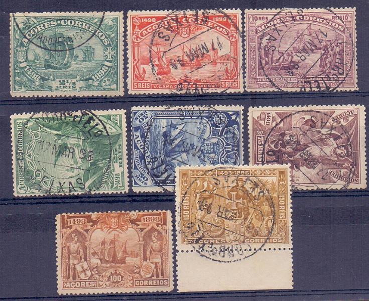 2326.jpg -     Lote:    2326      Lotes pelo Correio      Açores       Descrição:         1898 &mdash; 4.º Centenário do Descobrimento do Caminho Marítimo para a Índia. CE88/95. Série completa. A maioria dos selos com CCD de SEIXAS. Valor de catálogo &euro; 95,00.        O       Valor Base:     &euro; 8,00     Valor Venda:     Retirado     