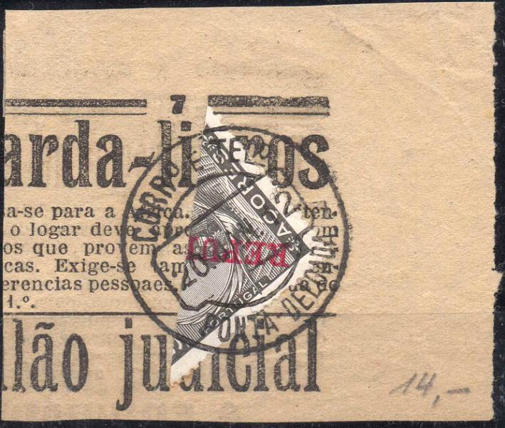 2328.jpg -     Lote:    2328      Lotes pelo Correio      Açores       Descrição:         1910 &mdash; D. Manuel II, com sobrecarga REPUBLICA. CE122, 5 reis. Fragmento de jornal com selo bipartido, como selo de recurso de 2 &frac12; reis por falta destes.        FRG       Valor Base:     &euro; 5,00     Valor Venda:     Retirado     