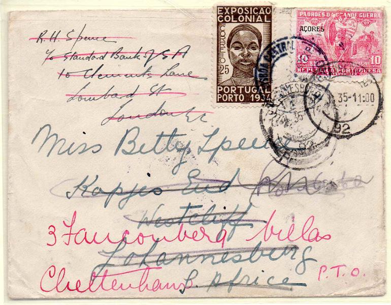 2333.jpg -     Lote:    2333      Lotes pelo Correio      Açores       Descrição:         1934 &mdash; Selos de Recurso * Padrões da Grande Guerra com sobrecarga Açores. Carta remetida de Lisboa (04.12.34) com porte de impressos, para a África do Sul (02.01.34) e duas vezes reexpedida para Inglaterra, com selo de $25 Exposição Colonial CE561, e selo 10 ctvs carmim do Imposto Postal CE IP13.        Carta       Valor Base:     &euro; 10,00     Valor Venda:     Retirado     