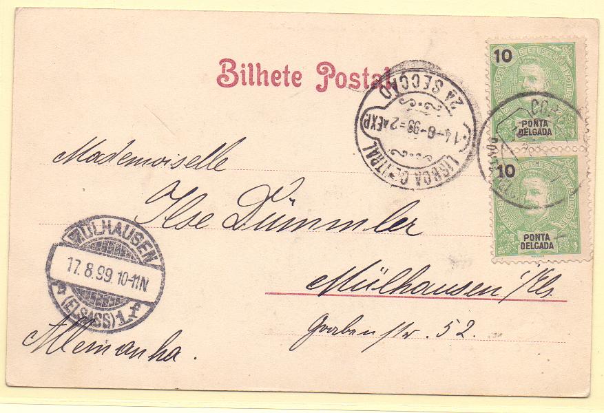 2334.jpg -     Lote:    2334      Lotes pelo Correio      Ponta Delgada       Descrição:         1897 &mdash; D. Carlos I Mouchon. CE15, 10 reis verde. Par em postal ilustrado circulado de Ponta Delgada (10.08.99) para a Alemanha (17.08.99) com trânsito por Lisboa.        PI       Valor Base:     &euro; 6,00     Valor Venda:     Retirado     