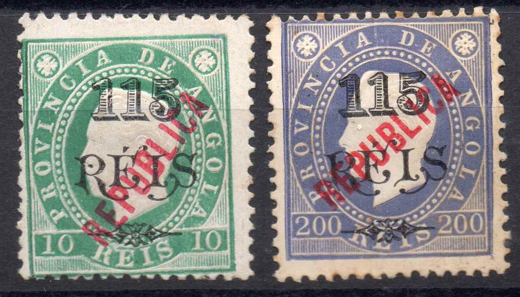 2341.jpg -     Lote:    2341      Lotes pelo Correio      Angola       Descrição:         1914 &mdash; D. Luís I. Selos de 1902 com sobrecarga REPUBLICA local. CE167/168. CE 168 em denteado 12 &frac12;, com dois pontos de óxido no verso. Valor de catálogo &euro; 45,00.        **/*       Valor Base:     &euro; 8,00     Valor Venda:     &euro; 8,00     