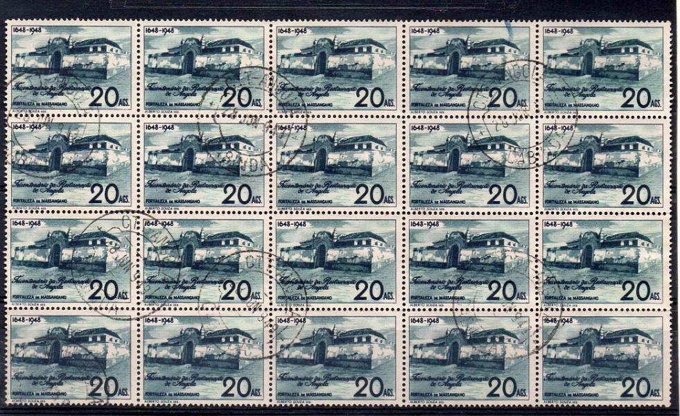 2343.jpg -     Lote:    2343      Lotes pelo Correio      Angola       Descrição:         1948 &mdash; Tricentenário da Restauração de Angola. CE301. Bloco com 20 selos. Valor de catálogo &euro; 144,00.        O       Valor Base:     &euro; 10,00     Valor Venda:     Retirado     