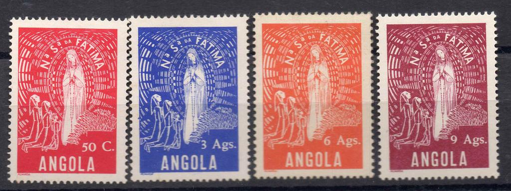 2344.jpg -     Lote:    2344      Lotes pelo Correio      Angola       Descrição:         1948 &mdash; Nossa Senhora de Fátima. CE302/305. Série completa. Valor de catálogo &euro; 90,00.        **       Valor Base:     &euro; 15,00     Valor Venda:     Retirado     