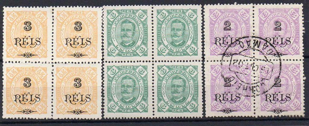 2354.jpg -     Lote:    2354      Lotes pelo Correio      Índia       Descrição:         1893/1902 &mdash; D. Carlos I tipo Diogo Neto + idem, com sobretaxa. Lote composto por 3 quadras: CE141, 6 reis, denteado 13 &frac12;, com goma original sem charneira + CE177, 3 s/ 4 &frac12; reis, sem goma + CE175, 2 s/ 8 reis usado. Valor de catálogo &euro; 26,40.        ***/O       Valor Base:     &euro; 5,00     Valor Venda:     Retirado     