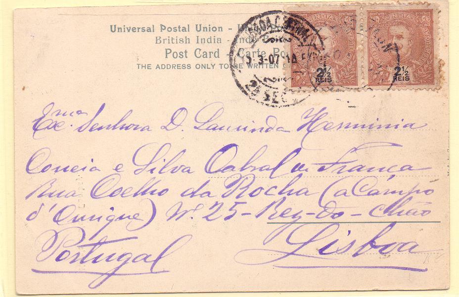 2355.jpg -     Lote:    2355      Lotes pelo Correio      Índia       Descrição:         1903 &mdash; D. Carlos I Mouchon. CE188, 2 &frac12; reis castanho. Par em postal ilustrado circulado de Nova Goa (15.02.07) para Lisboa.        PI       Valor Base:     &euro; 6,00     Valor Venda:     Retirado     