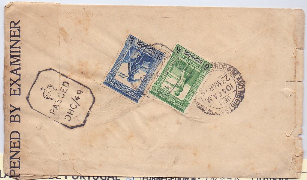 2358.jpg -     Lote:    2358      Lotes pelo Correio      Índia       Descrição:         1938 &mdash; Império Colonial Português. Sobrescrito circulado de Goa para Bombaim (23.03.45) com selos CE351 e 356. Censurada.        Carta       Valor Base:     &euro; 5,00     Valor Venda:     Retirado     
