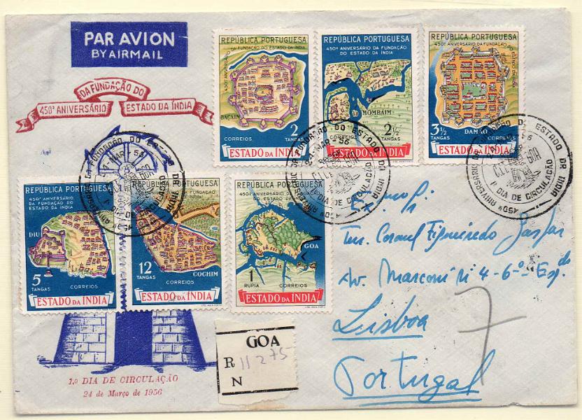 2360.jpg -     Lote:    2360      Lotes pelo Correio      Índia       Descrição:         1956 &mdash; 450.º Aniversário da Fundação do Estado da Índia. Fortalezas. CE453/458. FDC com série completa circulado registado de Goa (24.03.56) para Lisboa. MB.        FDC       Valor Base:     &euro; 10,00     Valor Venda:     &euro; 10,00     