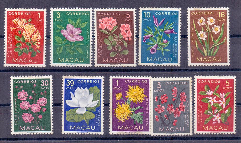 2363.jpg -     Lote:    2363      Lotes pelo Correio      Macau       Descrição:         1953 &mdash; Flores de Macau. CE374/383. Série completa regomada.        RG***       Valor Base:     &euro; 5,00     Valor Venda:     Retirado     