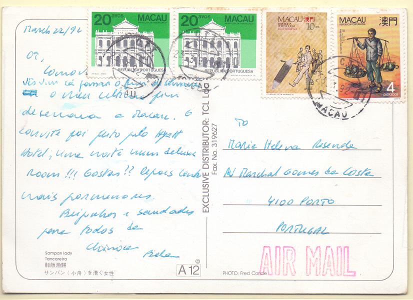 2368.jpg -     Lote:    2368      Lotes pelo Correio      Macau       Descrição:         1984/89 &mdash; Edifícios de Macau + Profissões típicas + Jogos de Macau. Postal ilustrado circulado de Macau (23.03.92) para o Porto com selos CE491, 588 e 598.        PI       Valor Base:     &euro; 6,00     Valor Venda:     Retirado     
